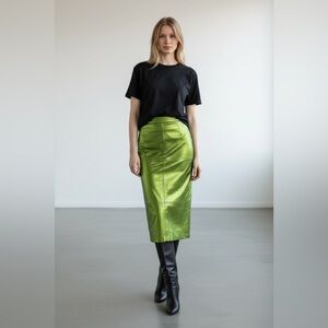 Metallic Green Midi Pencil Skirt | High-Waist Statement Skirt